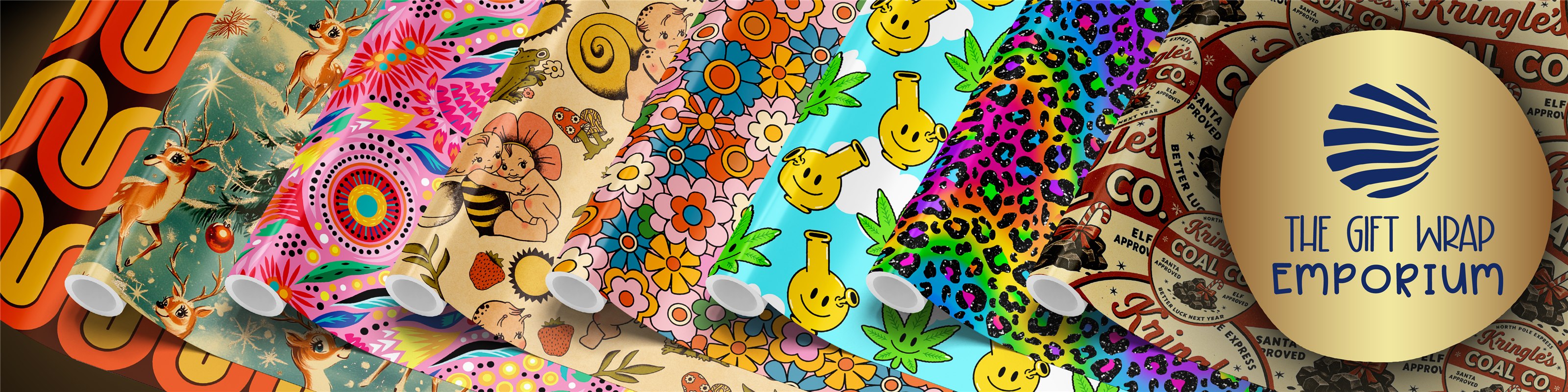 A selection of colorful Gift Wrap Emporium paper designs beside the shop logo