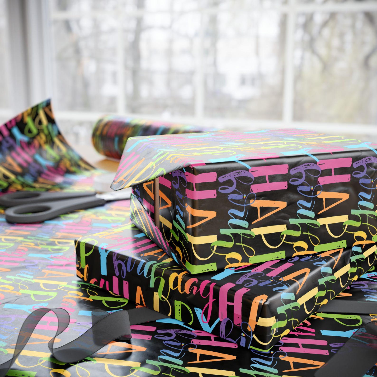 Gifts wrapped in black Neon Birthday paper with colourful Happy Birthday lettering
