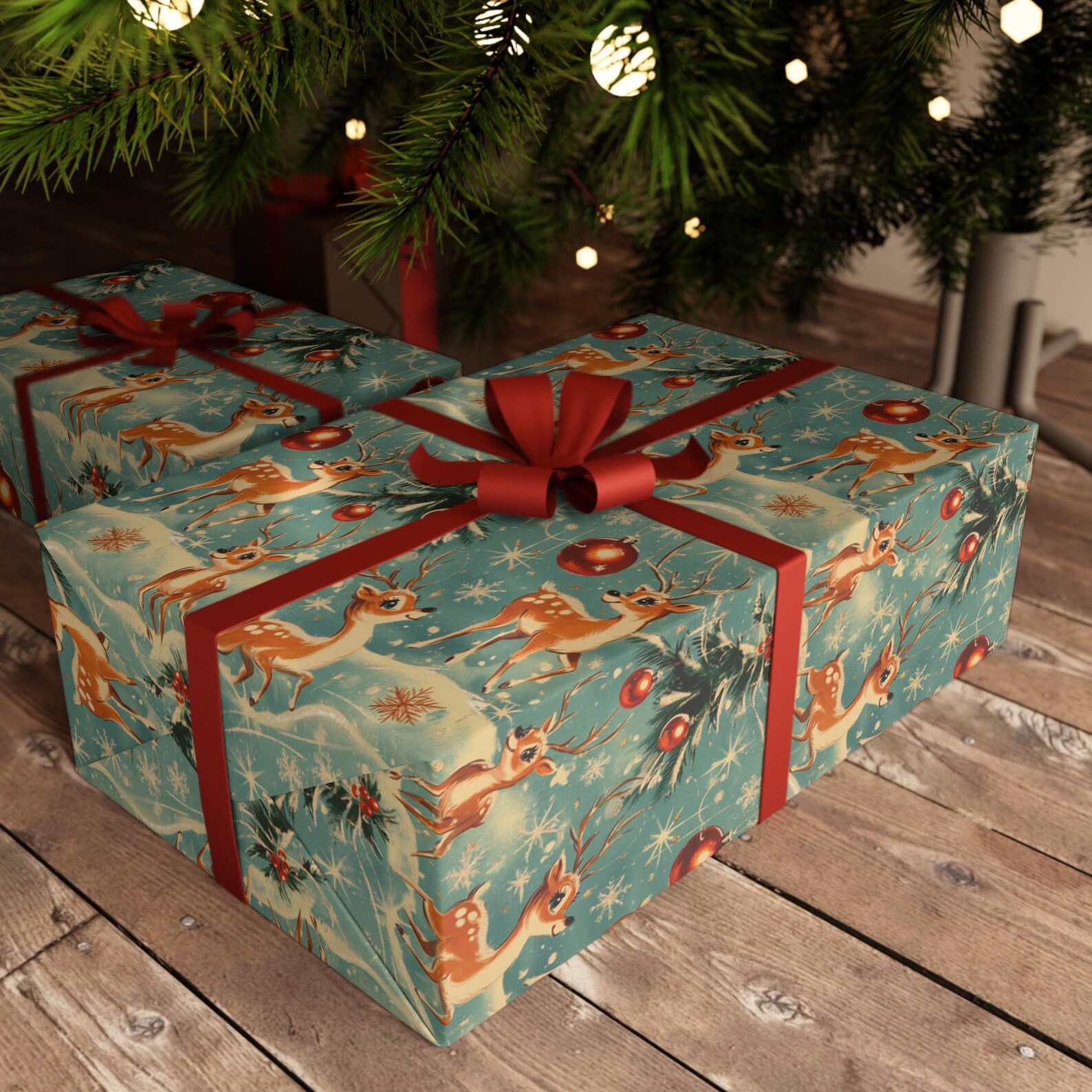 Gifts wrapped in teal Retro Christmas paper with reindeer and red ribbon