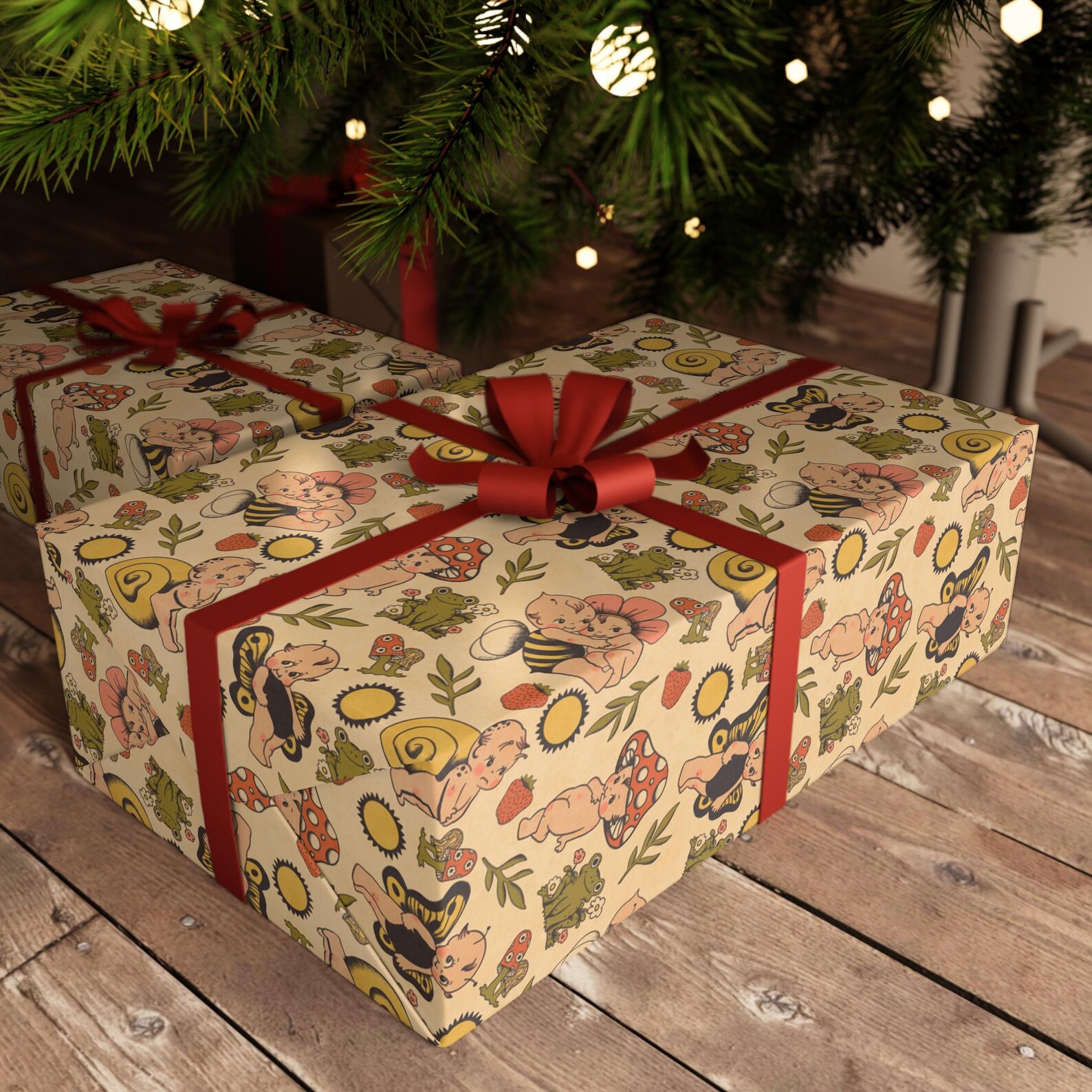 Gifts wrapped in cream Retro Kewpie Dolls paper with playful figures and red ribbon