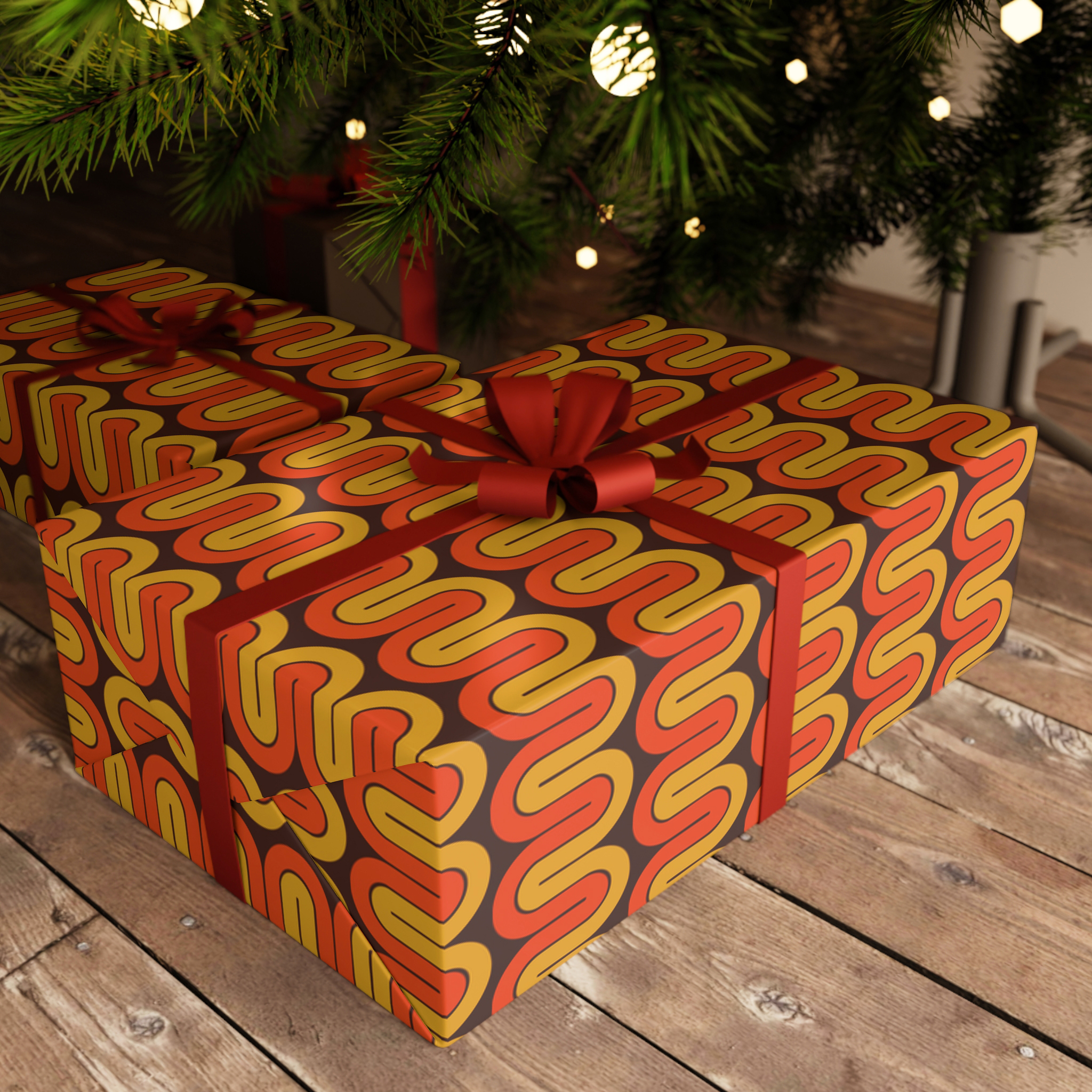 Gifts wrapped in orange and gold Retro Seventies paper with red ribbon